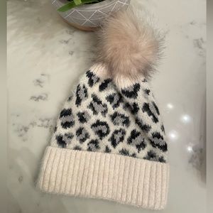 Cream, Black, Gray Leopard Print Beanie with Puff Ball